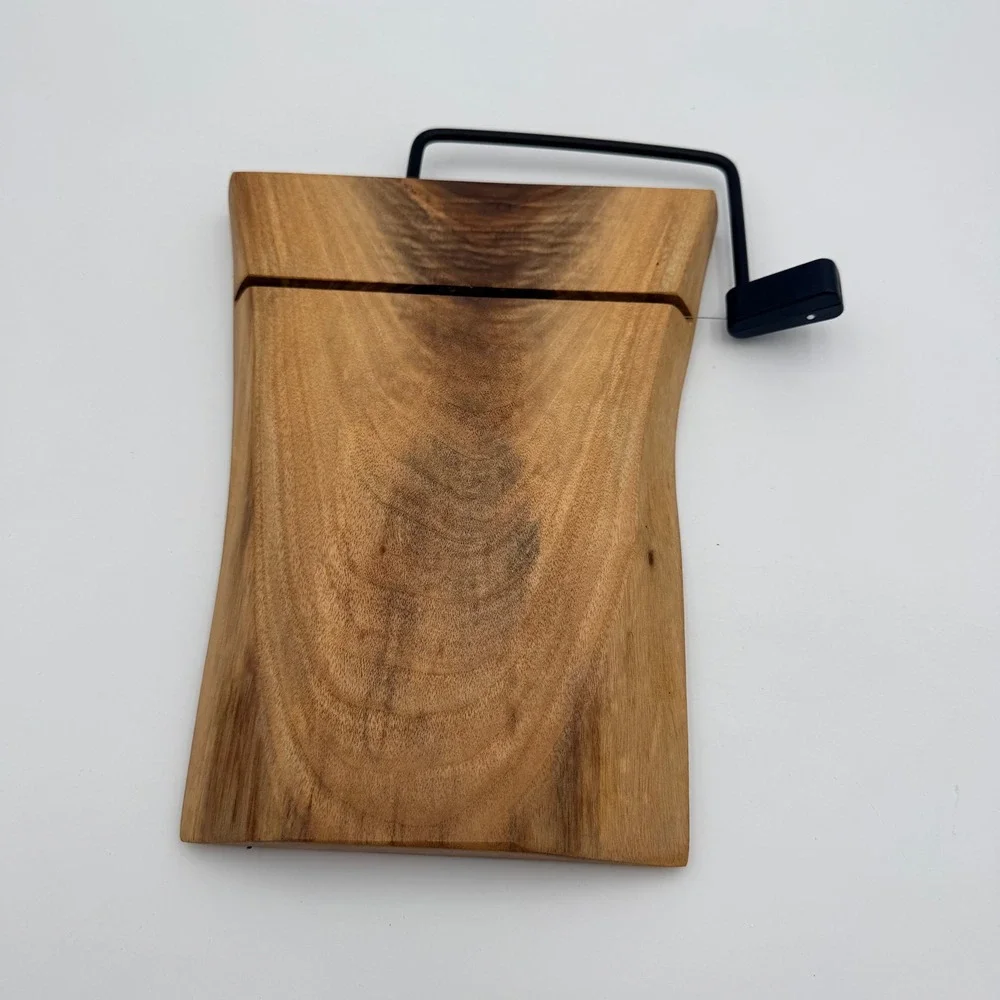 Handmade Live Edge Wood Cheese Slicer Board with Wire Cutter Natural Grain